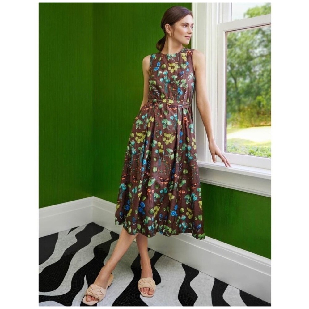 J. McLaughlin Arlette Dress Butterfly Floral Brown Silk Blend Sleeveless Midi 10
